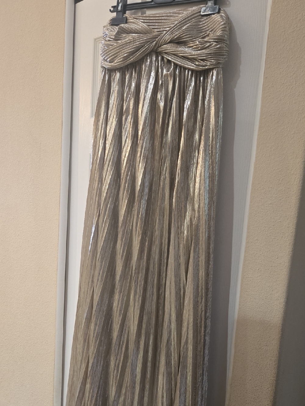CAMILA BLANCO Metallic Gold Pleated Maxi Dress